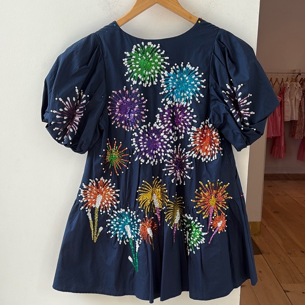 Navy blue sequin and pearl detail Queen of Sparkles dress with pockets